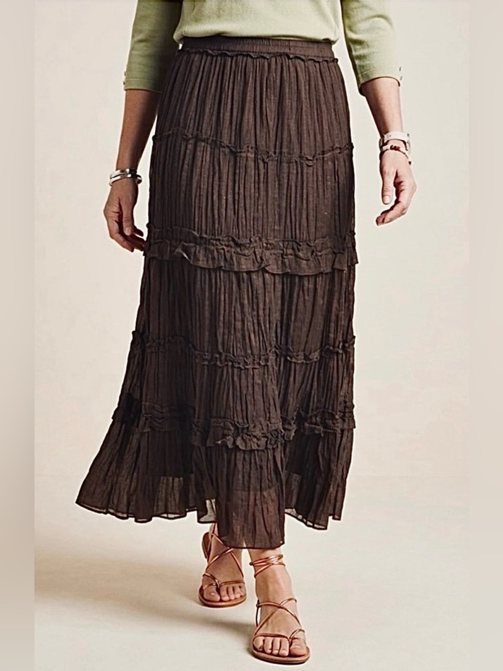 Dark Brown Crinkle Tiered Midi Skirt | Vintage Feminine Boho- 4 Season Elegance